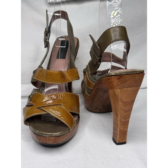 Derek Lam Orange Brown Patent Leather Slingback Platform Wooden Heel Sandals 8.5 - Picture 1 of 11